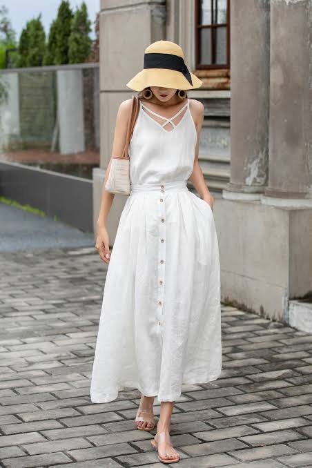 Linen Button-Front Midi Skirt